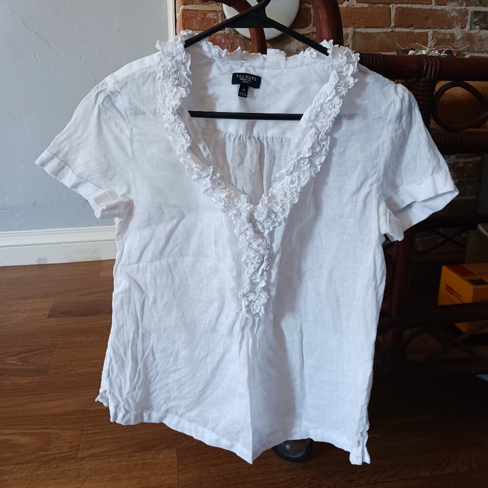 Talbots Frilly White Blouse Linen Ruffle short sleeve Size 4 Shirt